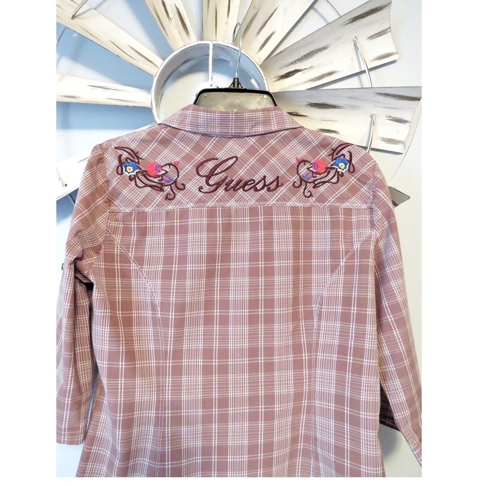 GUESS Plaid Western Button-Up Blouse Embroidered Logo Back Floral Y2K Large